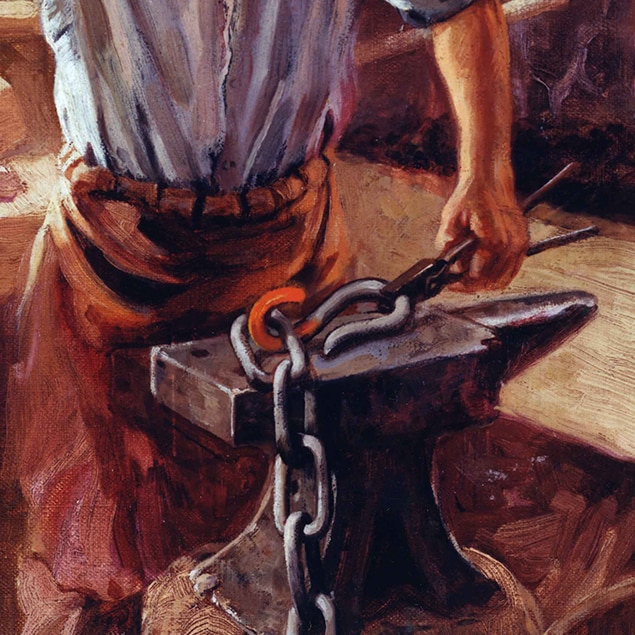 Peinture de John Deere travaillant dans son atelier de forgeron, par Walter Haskell Hinton