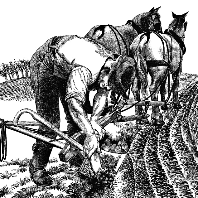 Dessin au trait illustrant un agriculteur éliminant la boue de sa charrue en acier