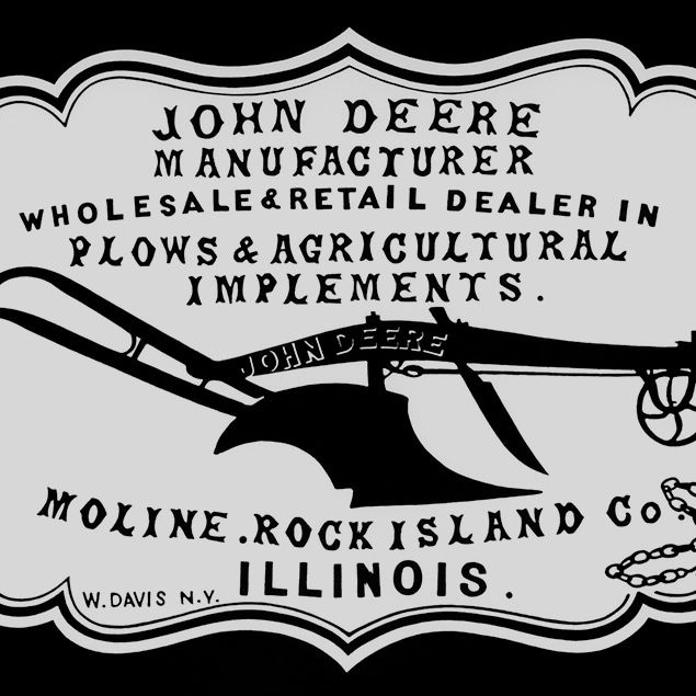 Eine historische Händlerwerbung von 1855 „John Deere Hersteller, Groß- und Einzelhändler für Pflüge und landwirtschaftliche Geräte. Moline, Rock Island Co. Illinois”