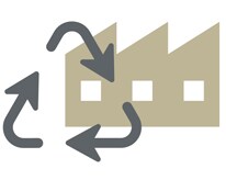 Icon of the recycling logo with three arrows over a icon of buildings