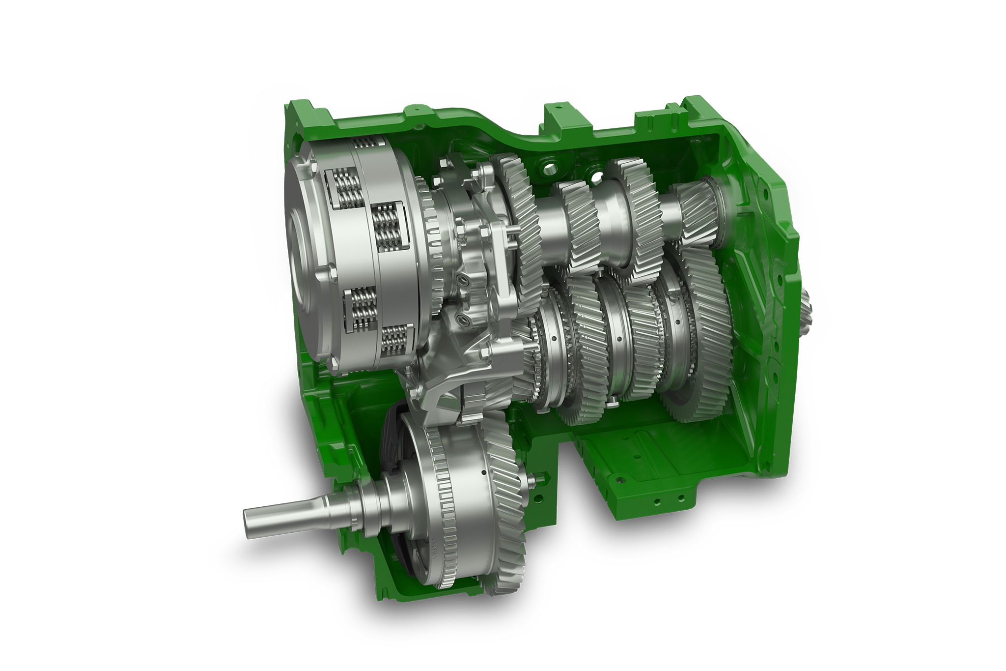 Schnittzeichnung des John Deere Getriebes der Serie 6M mit internen Zahnrädern und Antriebskomponenten.