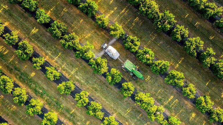 Vue aérienne d’un tracteur John Deere 5015EN vert et jaune remorquant un pulvérisateur à travers les rangs réguliers d’un verger.