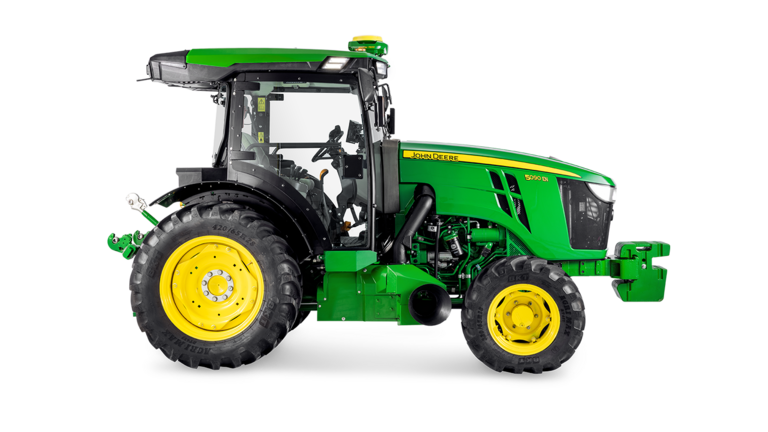 Le tracteur John Deere 5090EN de profil, soulignant la conception de la cabine et les grands pneus arrière.